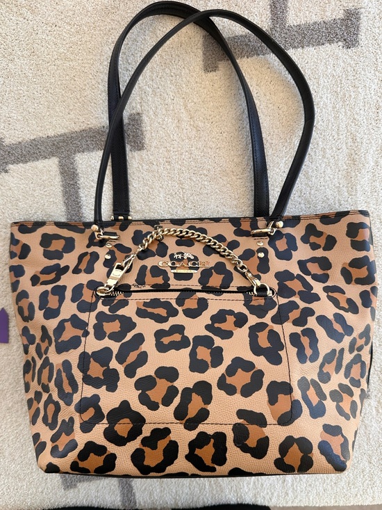Coach Handbags - Coach Leopard-Print Tote in Brown and Black with Gold Chain Accent